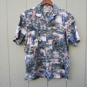 VTG Paradise Found‎ Hawaiian Shirts Mens L Blue Green Floral Golf Scene Cotton